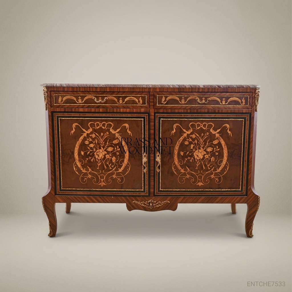 Louis XVI Neoclassical Marquetry Commode with Marble Top & Brass Mounts