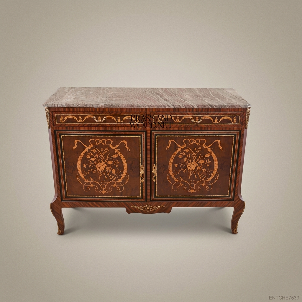 Louis XVI Neoclassical Marquetry Commode with Marble Top & Brass Mounts
