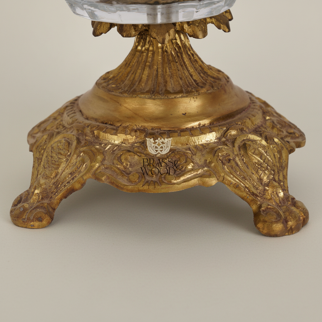 Two-Tier Crystal & Brass Étagère Stand with Leaf Collar & Scroll Handle