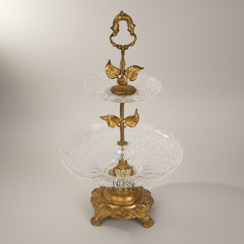 Two-Tier Crystal & Brass Étagère Stand with Leaf Collar & Scroll Handle