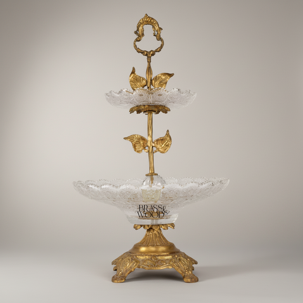 Two-Tier Crystal & Brass Étagère Stand with Leaf Collar & Scroll Handle — Antique Gold
