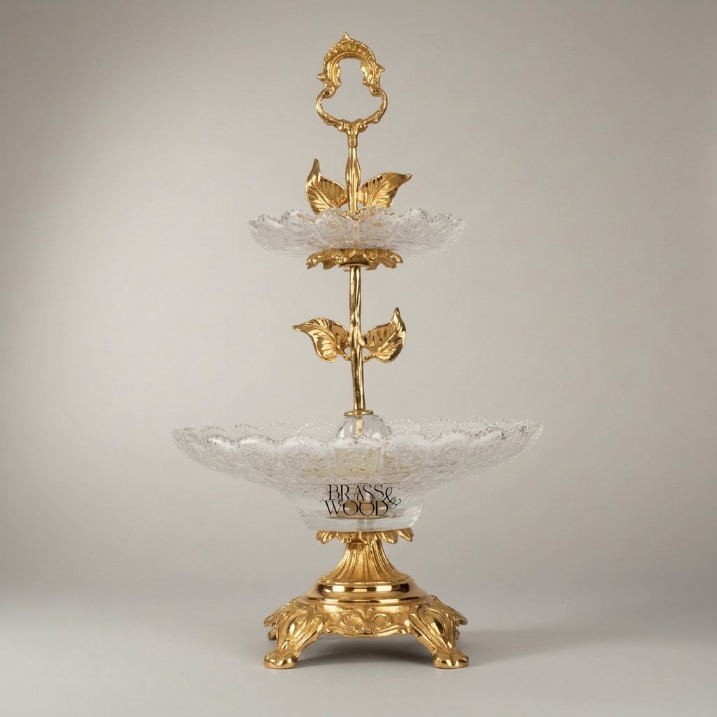 Two-Tier Crystal & Brass Étagère Stand with Leaf Collar & Scroll Handle — Gold