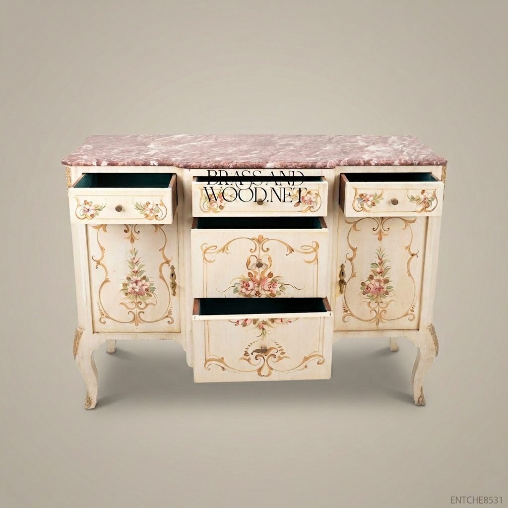 Louis XV Rococo Hand-Painted Buffet with Rose Marble Top