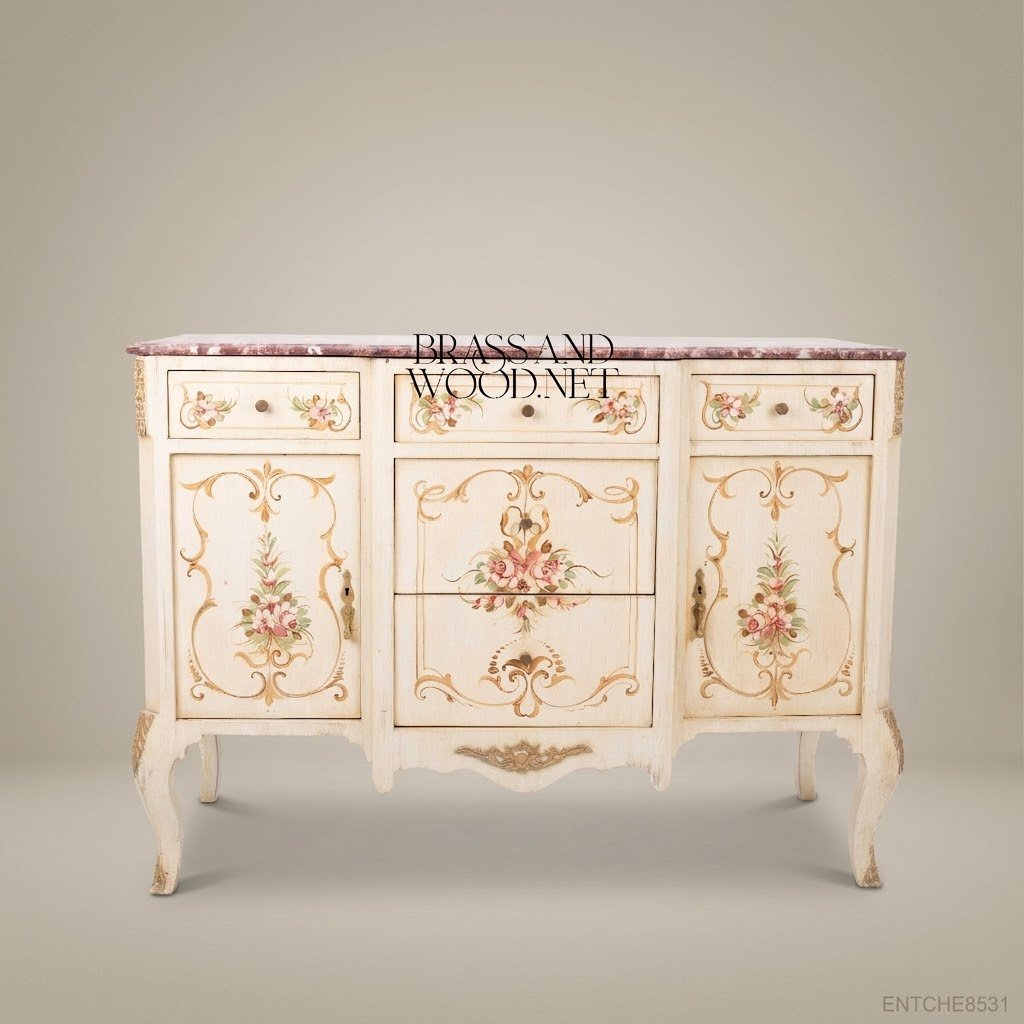 Louis XV Rococo Hand-Painted Buffet with Rose Marble Top