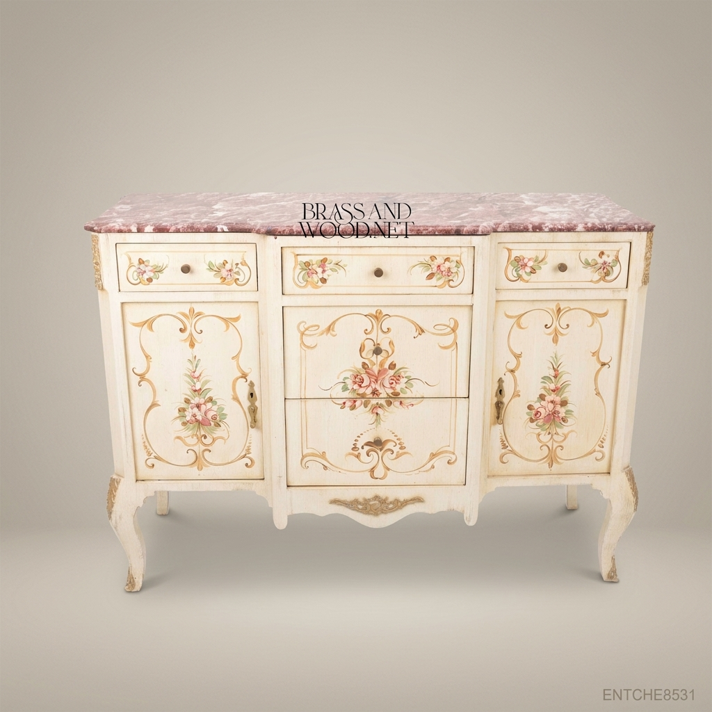 Louis XV Rococo Hand-Painted Buffet with Rose Marble Top