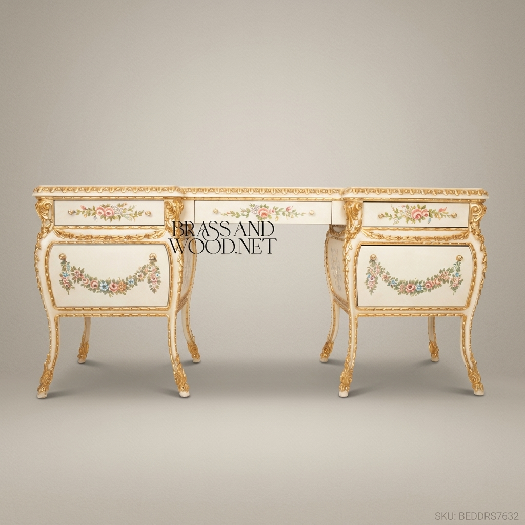 Venetian Baroque Hand-Painted Dressing Table with Carved Mirror — Floral Polychrome & Gold