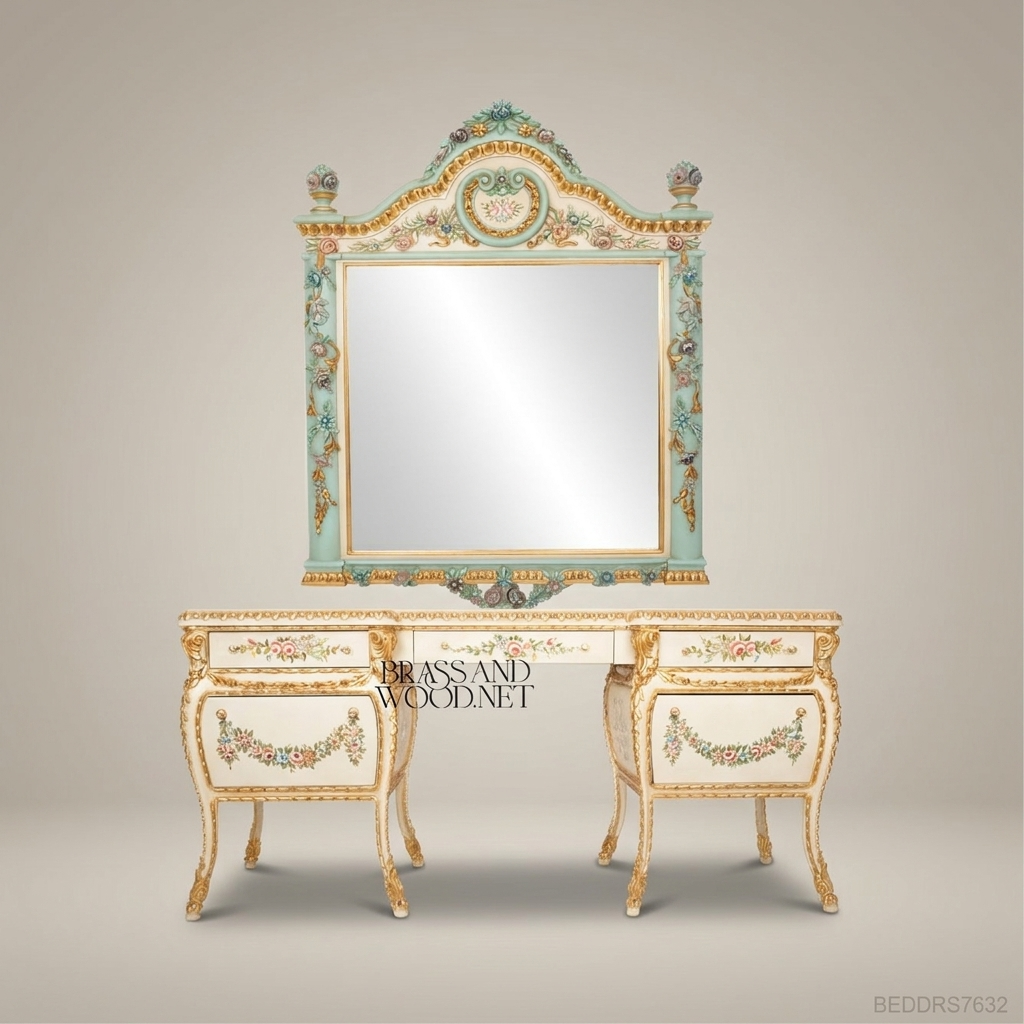 Venetian Baroque Hand-Painted Dressing Table with Carved Mirror — Floral Polychrome & Gold