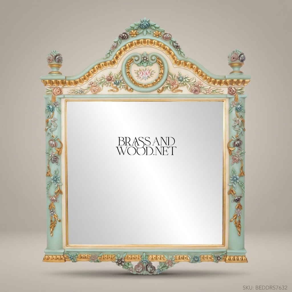 Venetian Baroque Hand-Painted Dressing Table with Carved Mirror — Floral Polychrome & Gold