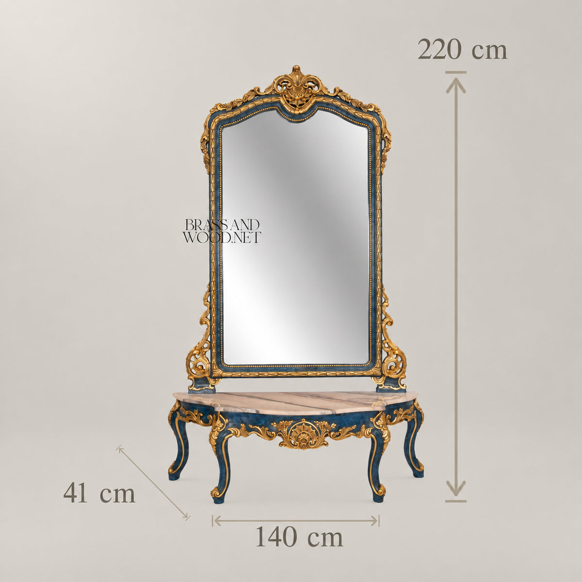 Venetian Rococo demi-lune console table with arched mirror royal blue lacquer gold leaf carved frame marble top Main View | Brass & Wood
