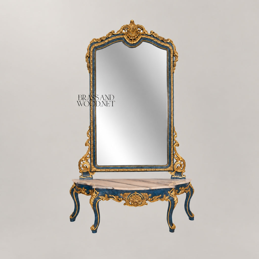 Venetian Rococo demi-lune console table with arched mirror royal blue lacquer gold leaf carved frame marble top View 2 | Brass & Wood