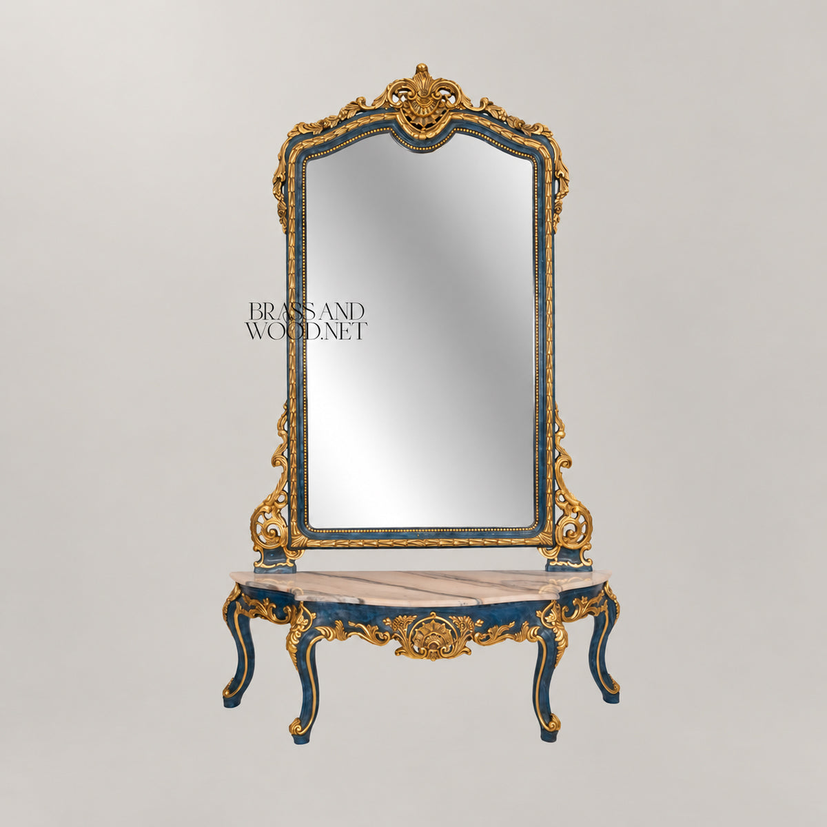 Venetian Rococo demi-lune console table with arched mirror royal blue lacquer gold leaf carved frame marble top View 2 | Brass & Wood