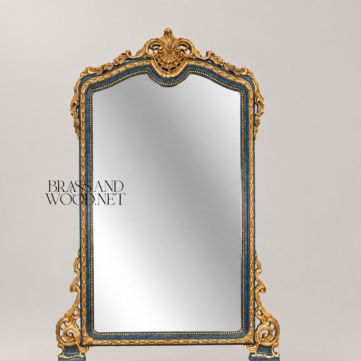 Venetian Rococo demi-lune console table with arched mirror royal blue lacquer gold leaf carved frame marble top View 3 | Brass & Wood