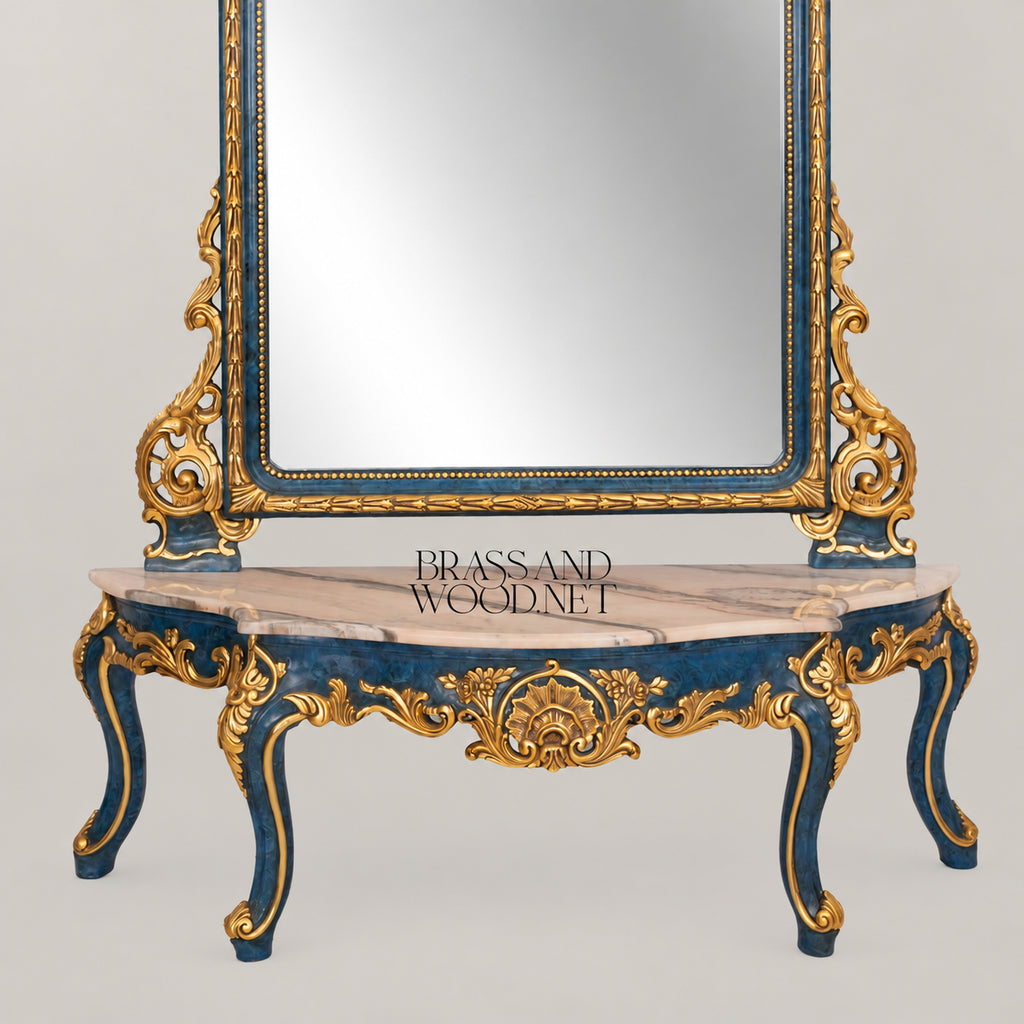 Venetian Rococo demi-lune console table with arched mirror royal blue lacquer gold leaf carved frame marble top View 4 | Brass & Wood