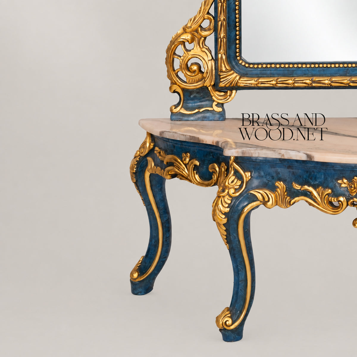 Venetian Rococo demi-lune console table with arched mirror royal blue lacquer gold leaf carved frame marble top View 5 | Brass & Wood