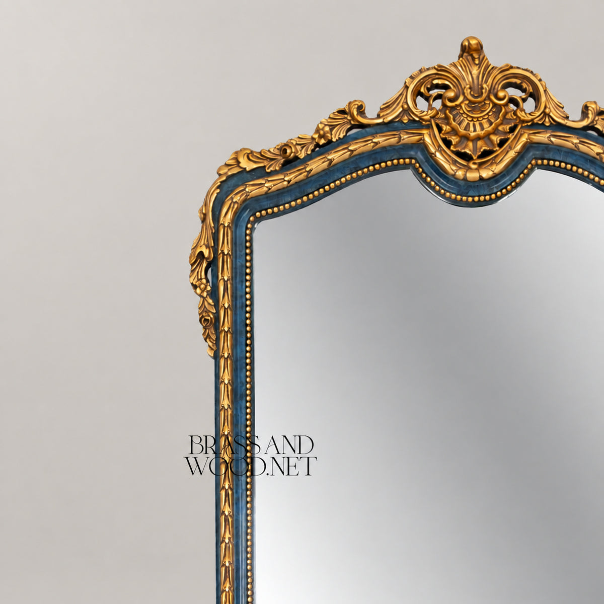 Venetian Rococo demi-lune console table with arched mirror royal blue lacquer gold leaf carved frame marble top View 6 | Brass & Wood