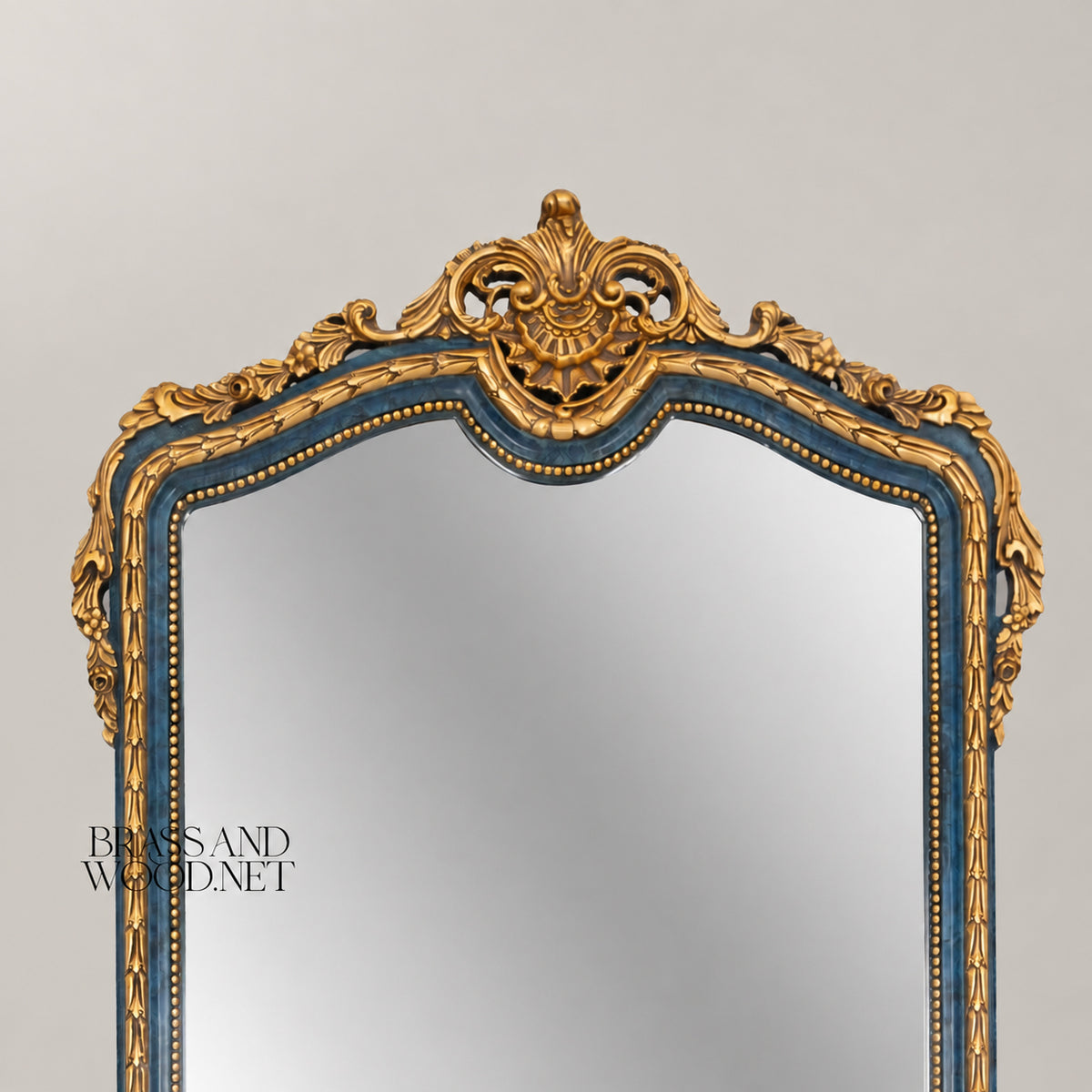 Venetian Rococo demi-lune console table with arched mirror royal blue lacquer gold leaf carved frame marble top View 7 | Brass & Wood
