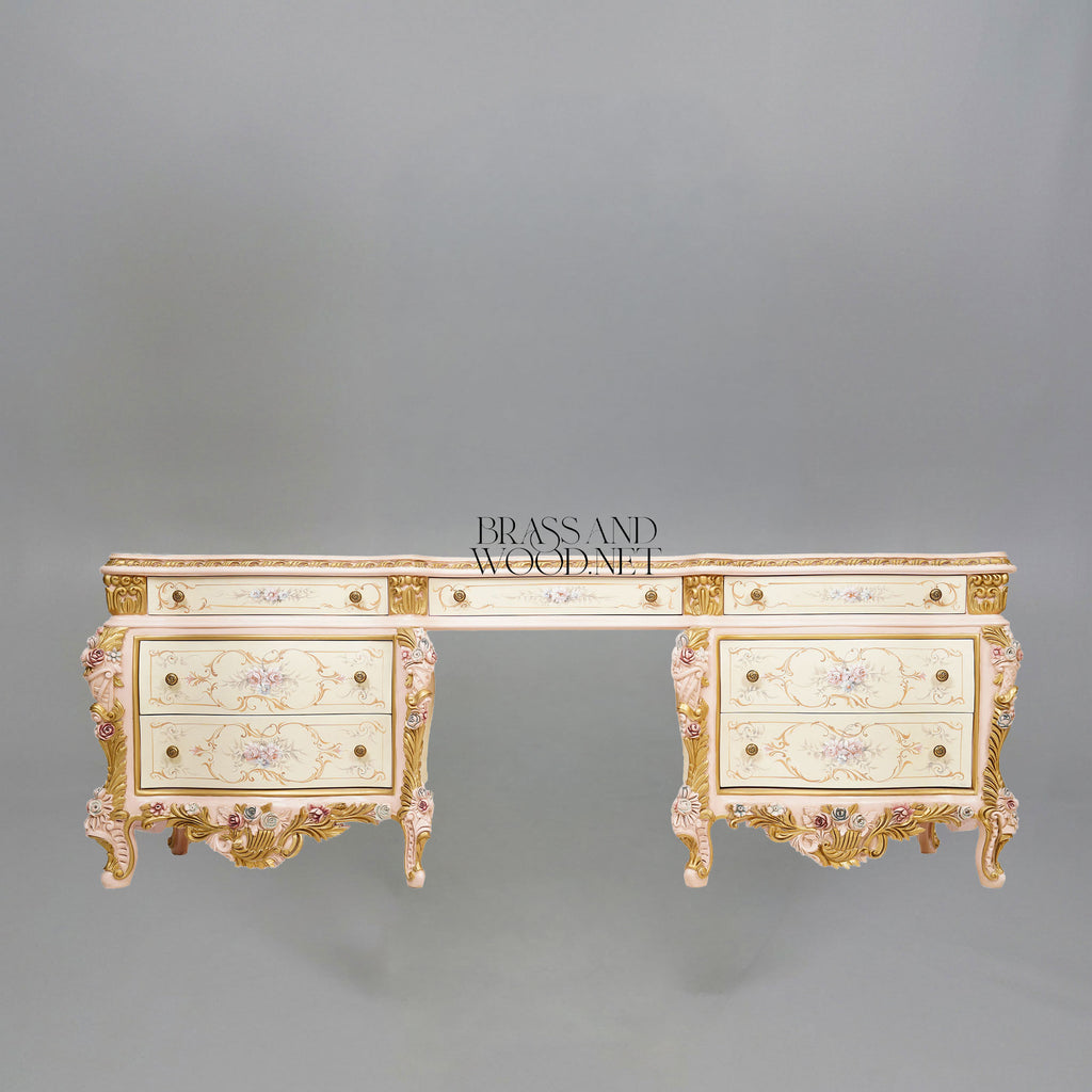 Venetian Rococo Hand-Painted Dressing Table with Triple Mirror — Ivory & Gold Rose Cartouche