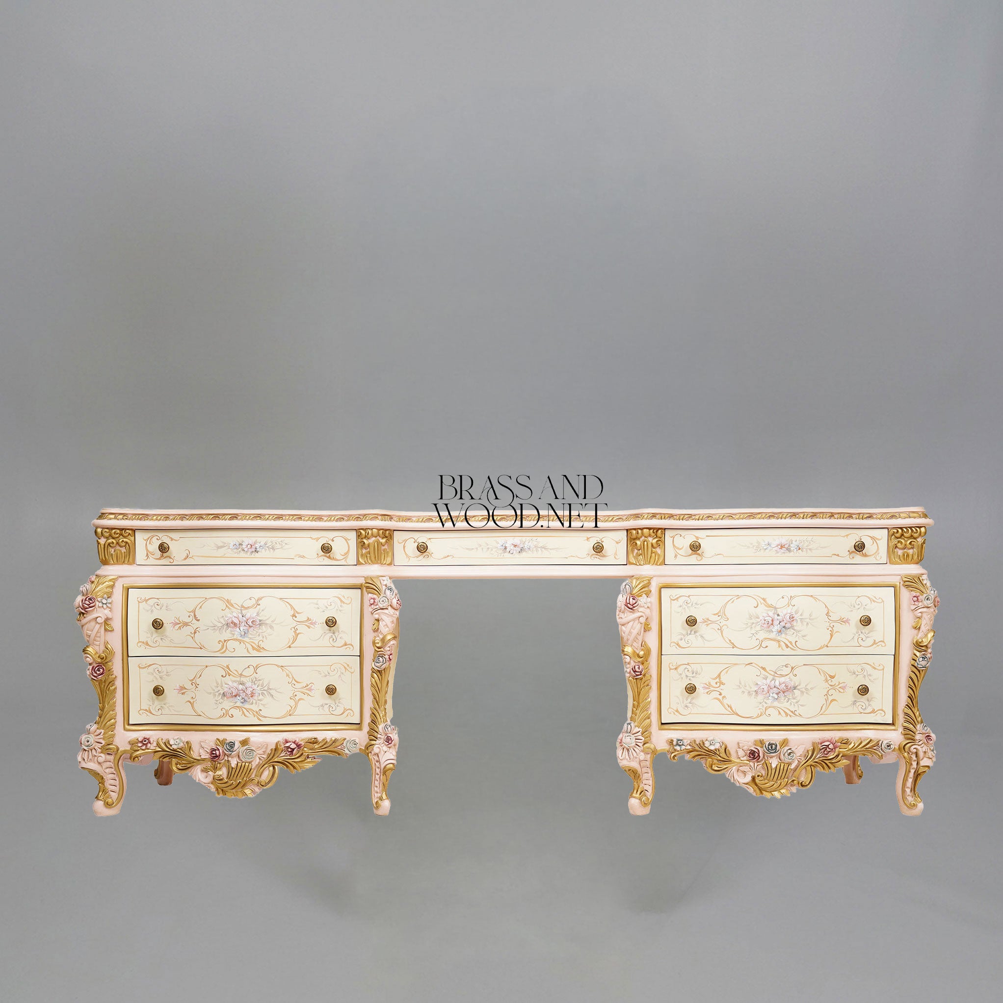 Venetian Rococo Hand-Painted Dressing Table with Triple Mirror — Ivory & Gold Rose Cartouche
