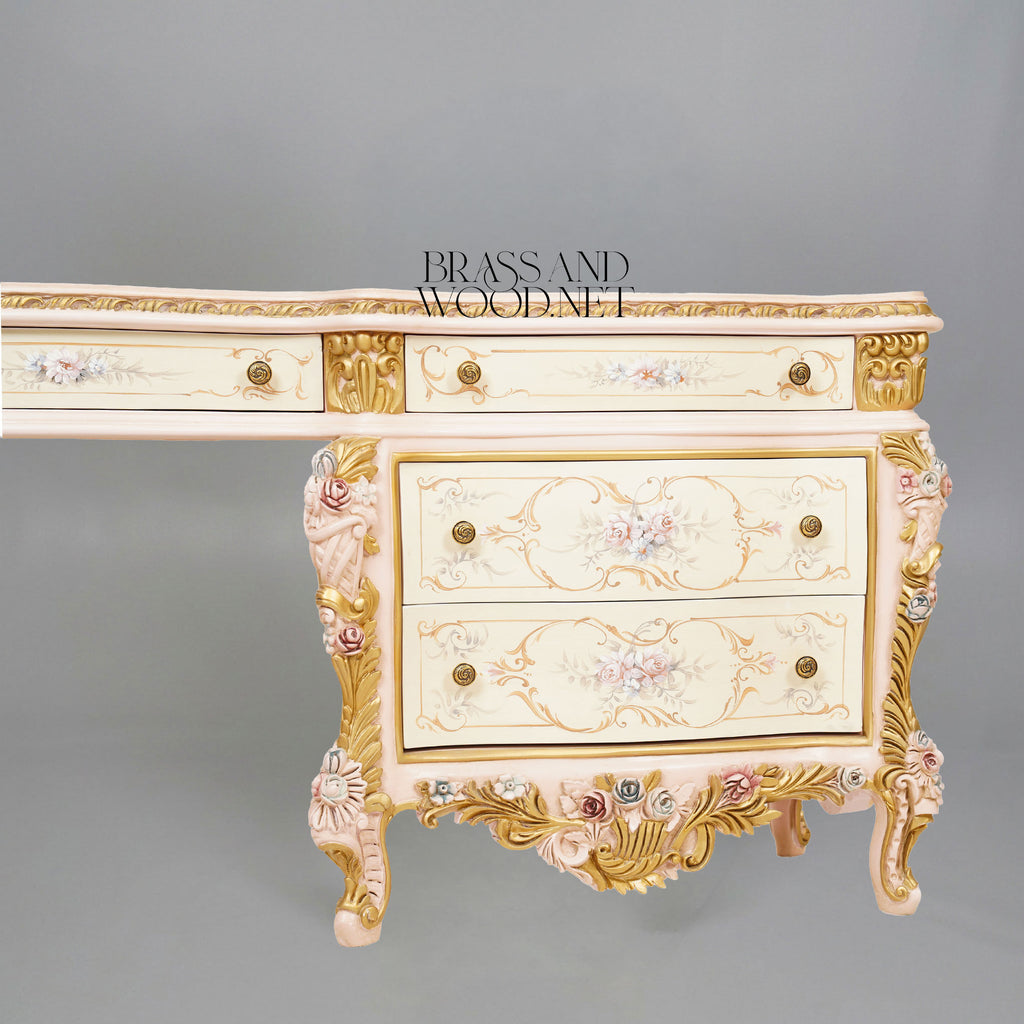 Venetian Rococo Hand-Painted Dressing Table with Triple Mirror — Ivory & Gold Rose Cartouche