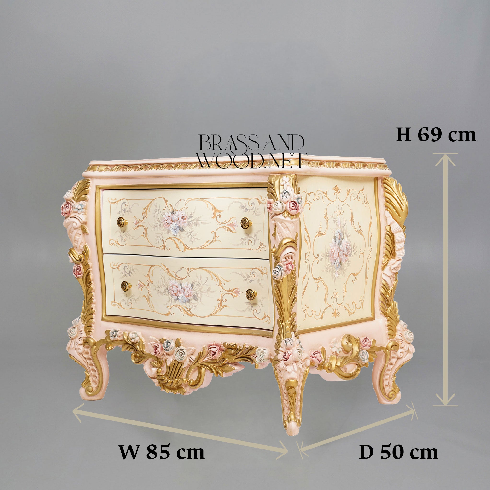 Venetian Rococo Revival Hand-Painted Ivory Nightstand - Sculptural Rose Carvings & Bombé Form