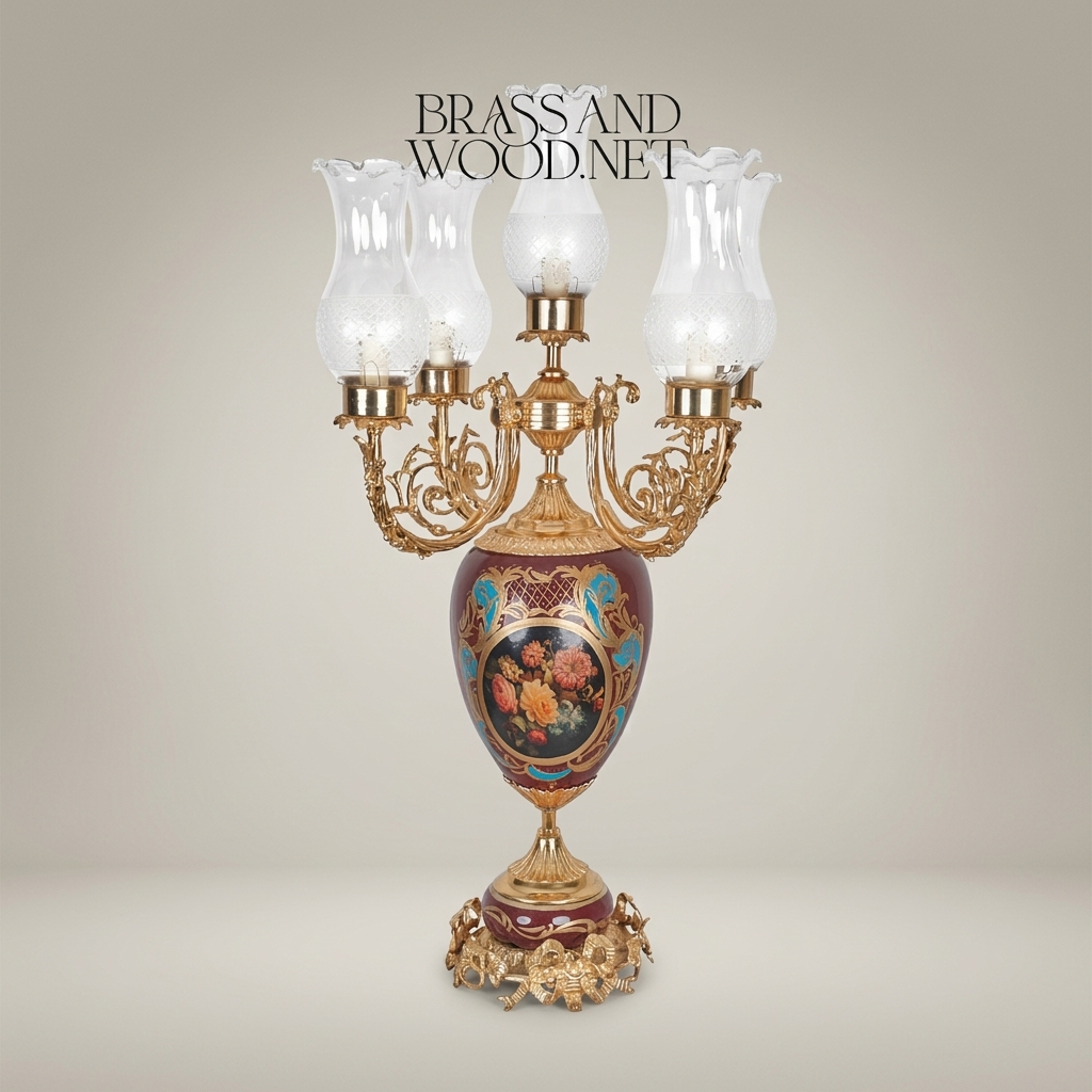 Victorian Brass & Ceramic Candelabra Table Lamp - 5-Arm Floral Urn — Gold