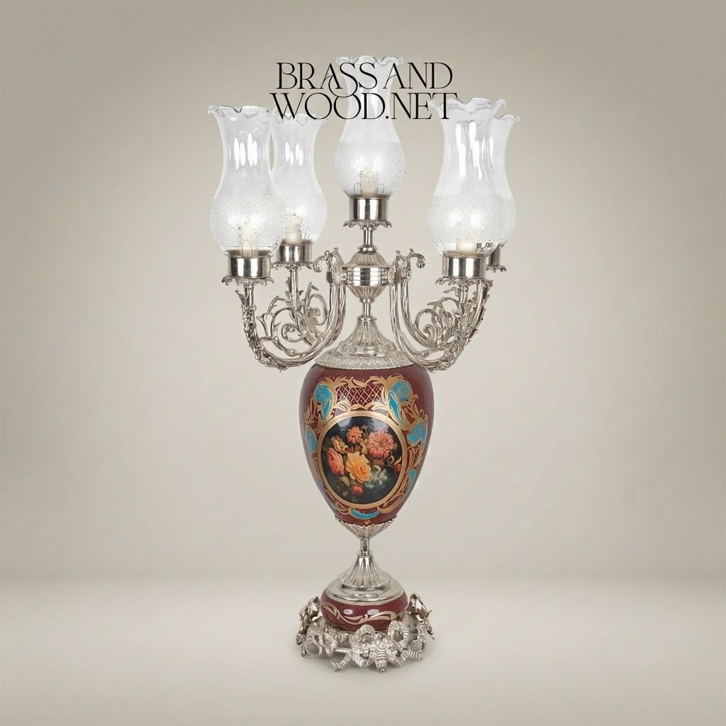 Victorian Brass & Ceramic Candelabra Table Lamp - 5-Arm Floral Urn — Silver