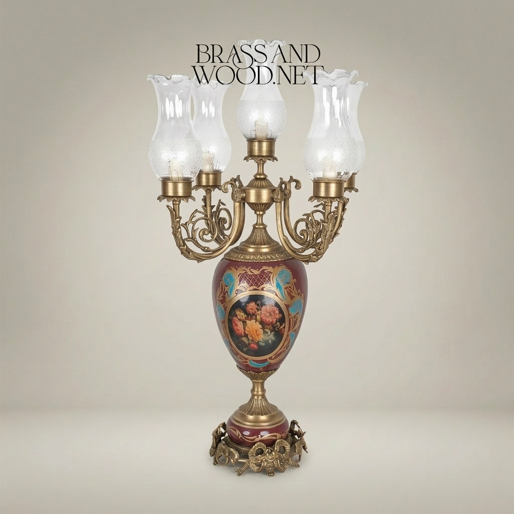 Victorian Brass & Ceramic Candelabra Table Lamp - 5-Arm Floral Urn — Antique Gold