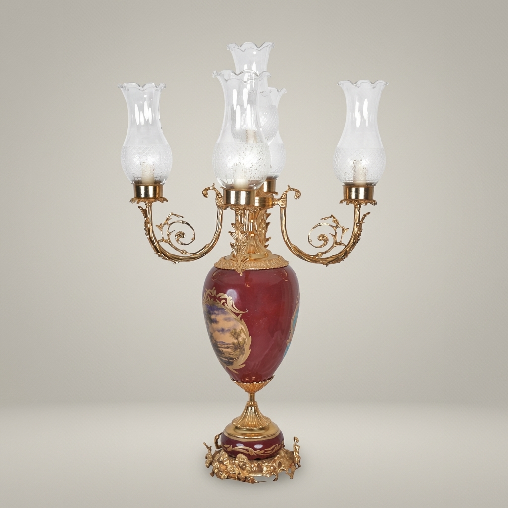 Victorian Brass & Ceramic Candelabra Table Lamp - 5-Arm Floral Urn