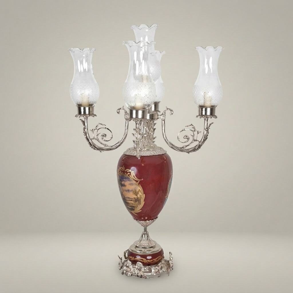 Victorian Brass & Ceramic Candelabra Table Lamp - 5-Arm Floral Urn — Silver