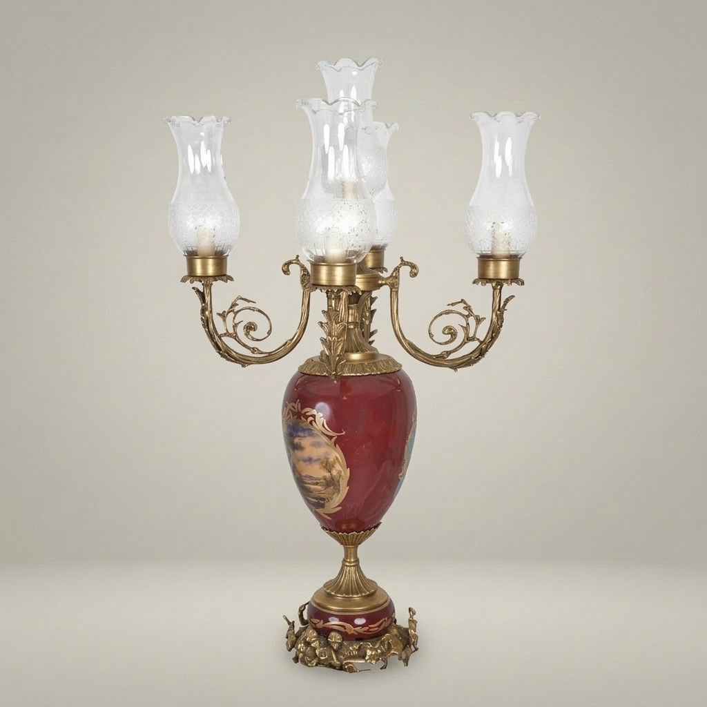 Victorian Brass & Ceramic Candelabra Table Lamp - 5-Arm Floral Urn — Antique Gold