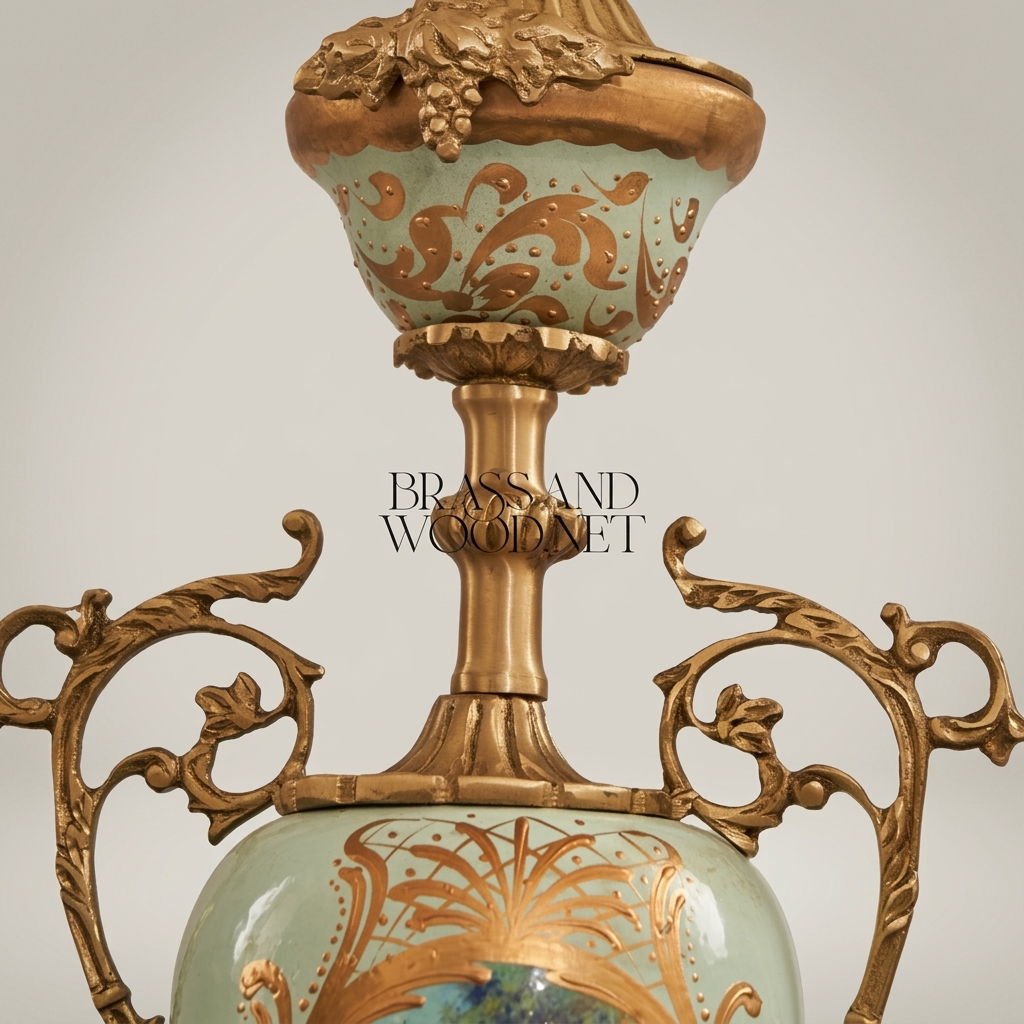 Victorian Celadon Ceramic Urn Table Lamp - Hand-Painted Floral & Brass Scroll Handles — Antique Gold