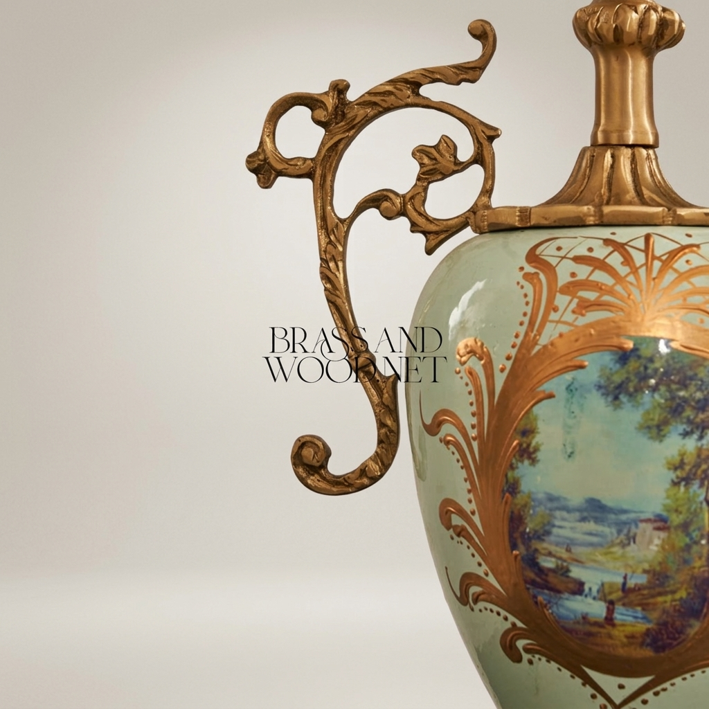 Victorian Celadon Ceramic Urn Table Lamp - Hand-Painted Floral & Brass Scroll Handles — Antique Gold