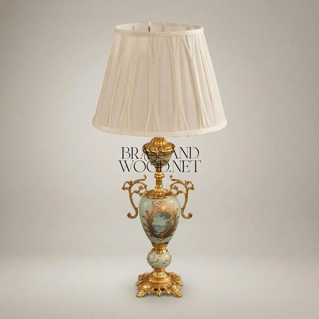 Victorian Celadon Ceramic Urn Table Lamp - Hand-Painted Floral & Brass Scroll Handles — Gold