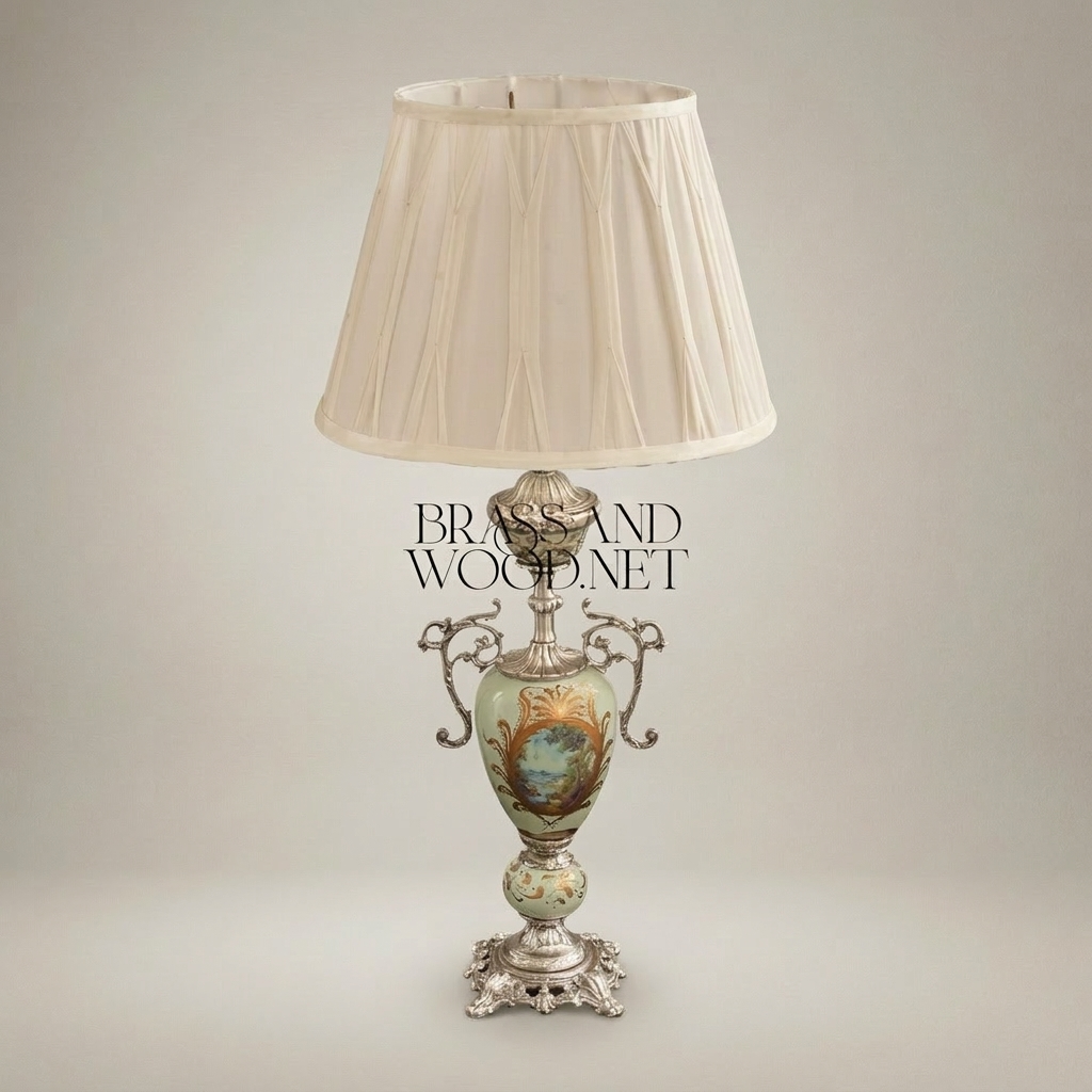 Victorian Celadon Ceramic Urn Table Lamp - Hand-Painted Floral & Brass Scroll Handles — Silver