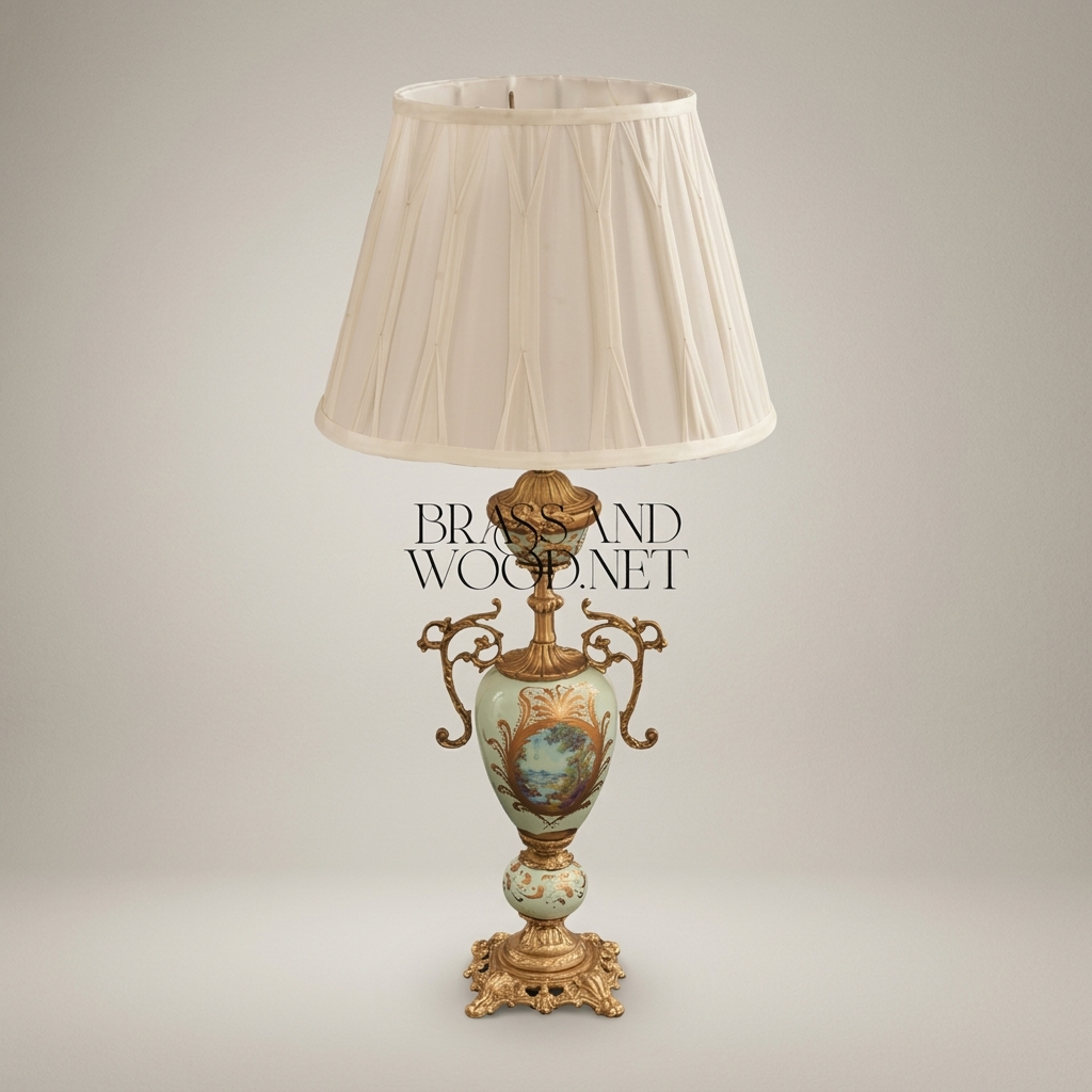 Victorian Celadon Ceramic Urn Table Lamp - Hand-Painted Floral & Brass Scroll Handles — Antique Gold