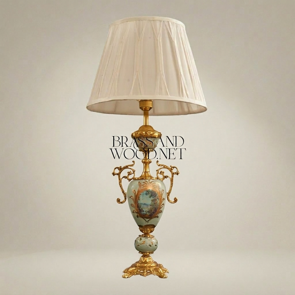 Victorian Celadon Ceramic Urn Table Lamp - Hand-Painted Floral & Brass Scroll Handles