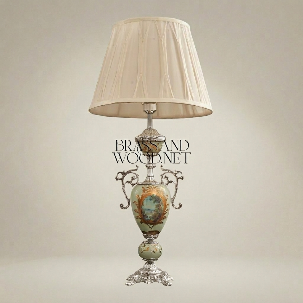 Victorian Celadon Ceramic Urn Table Lamp - Hand-Painted Floral & Brass Scroll Handles — Silver