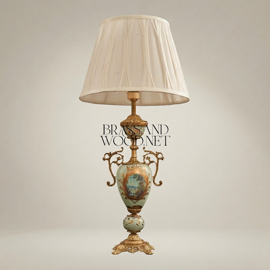 Victorian Celadon Ceramic Urn Table Lamp - Hand-Painted Floral & Brass Scroll Handles — Antique Gold