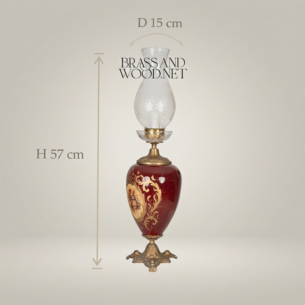 Victorian Ceramic Table Lamp - Crimson Floral Urn with Crystal Glass Chimney — Antique Gold