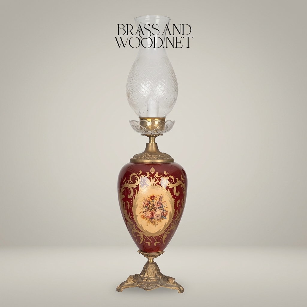 Victorian Ceramic Table Lamp - Crimson Floral Urn with Crystal Glass Chimney — Antique Gold