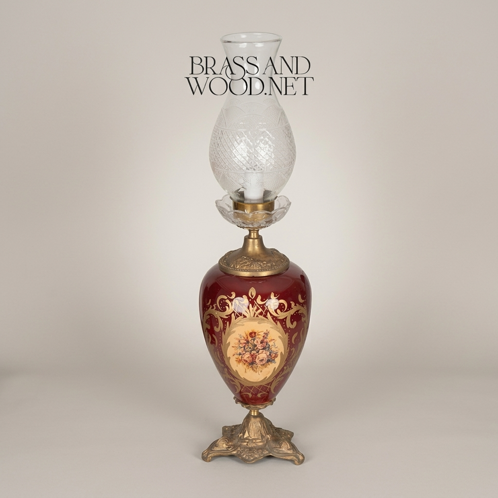 Victorian Ceramic Table Lamp - Crimson Floral Urn with Crystal Glass Chimney — Antique Gold
