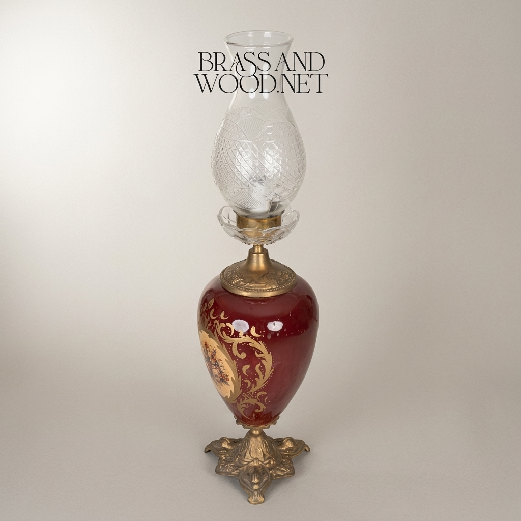 Victorian Ceramic Table Lamp - Crimson Floral Urn with Crystal Glass Chimney — Antique Gold