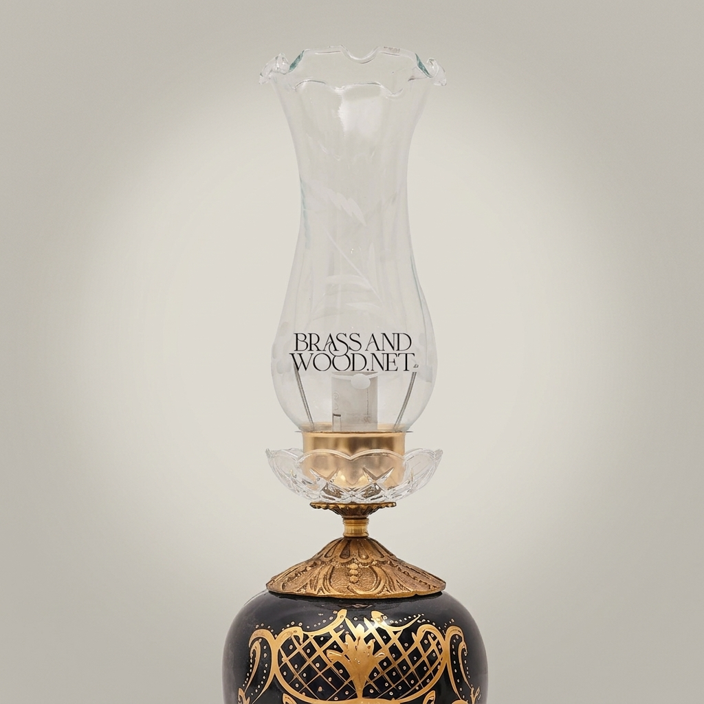 Victorian Ceramic Table Lamp - Hand-Painted Vase with Ornate Brass Base & Glass Chimney — Antique Gold