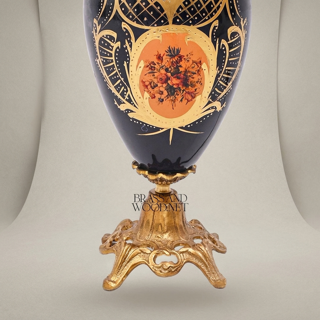 Victorian Ceramic Table Lamp - Hand-Painted Vase with Ornate Brass Base & Glass Chimney — Antique Gold