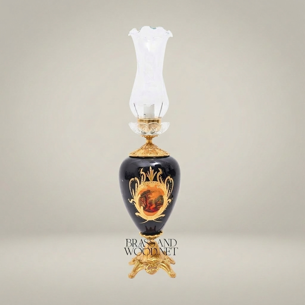 Victorian Ceramic Table Lamp - Hand-Painted Vase with Ornate Brass Base & Glass Chimney