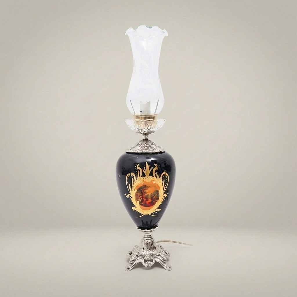 Victorian Ceramic Table Lamp - Hand-Painted Vase with Ornate Brass Base & Glass Chimney — Silver