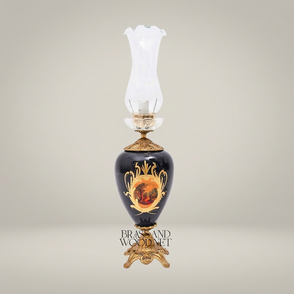 Victorian Ceramic Table Lamp - Hand-Painted Vase with Ornate Brass Base & Glass Chimney — Antique Gold