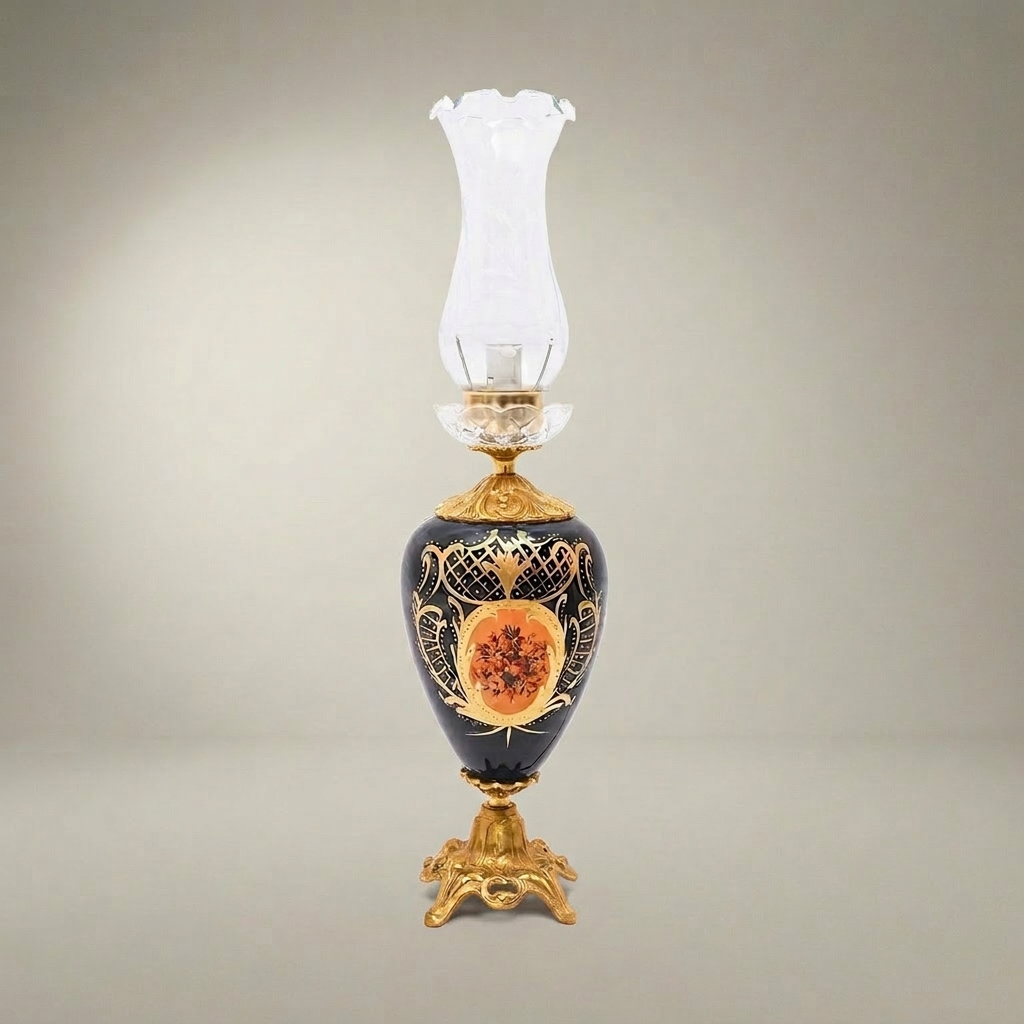 Victorian Ceramic Table Lamp - Hand-Painted Vase with Ornate Brass Base & Glass Chimney — Gold