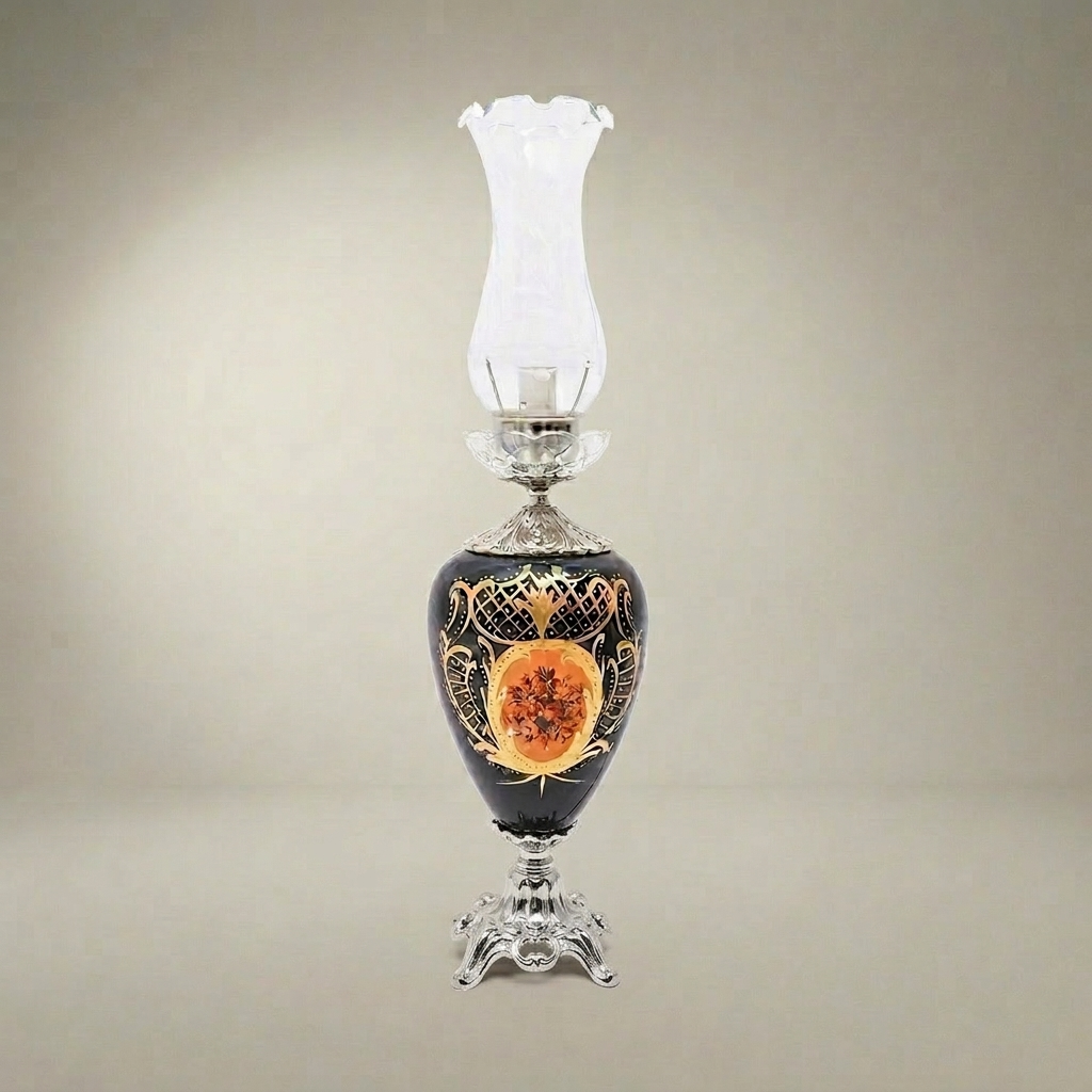 Victorian Ceramic Table Lamp - Hand-Painted Vase with Ornate Brass Base & Glass Chimney — Silver