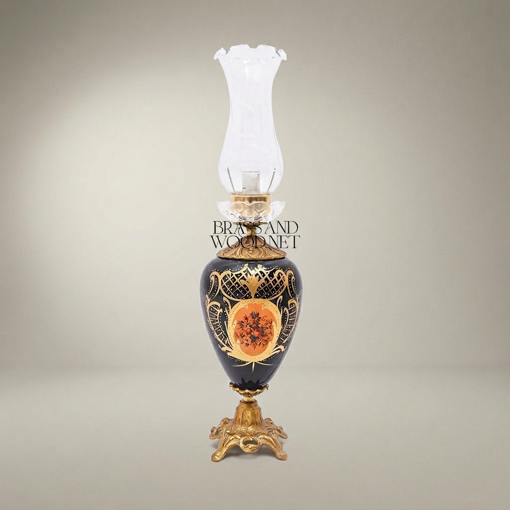 Victorian Ceramic Table Lamp - Hand-Painted Vase with Ornate Brass Base & Glass Chimney — Antique Gold